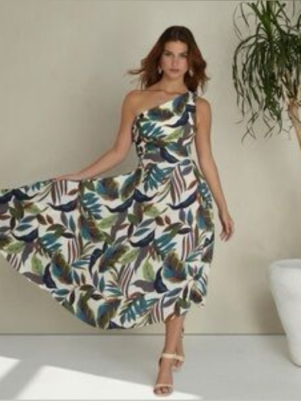 Nicole Miller One-Shoulder Leaf-Print Midi Dress in Green, Blue and Tan - Picture 3 of 16